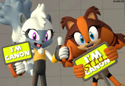 Size: 2250x1538 | Tagged: safe, artist:relliksb, sticks the badger, tangle the lemur, badger, lemur, 2022, 3d, abstract background, duo, english text, female, holding something, looking at viewer, sign, signature, smile, smiling at viewer, standing, text, thumbs up