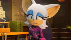 Size: 498x281 | Tagged: safe, miles "tails" prower, rouge the bat, sonic the hedgehog, bat, sonic prime, animated, edit, gif, rouge is not amused, screencap, text, trio, unamused