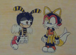 Size: 278x200 | Tagged: safe, artist:shadowwins9, charmy bee, miles "tails" prower, 2021, duo, flapping wings, flying, frown, lidded eyes, looking at them, looking down, mid-air, outfit swap, smile, standing, traditional media