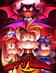Size: 1593x2048 | Tagged: safe, artist:churro, charmy bee, cheese (chao), cream the rabbit, miles "tails" prower, shadow the hedgehog, bee, chao, fox, hedgehog, rabbit, cosplay, costume, halloween, halloween outfit, mega man, mega man (series), misty (pokémon), pirate outfit, pokemon, scared, vampire