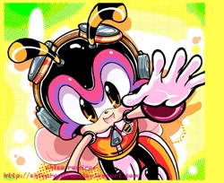 Size: 735x600 | Tagged: safe, artist:chicaramirez, charmy bee, bee, abstract background, charmabetes, clothes, cute, happy, looking at viewer, male, solo, waving, waving at viewer