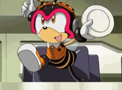 Size: 640x470 | Tagged: safe, charmy bee, bee, charmabetes, cute, fork, happy, plate, screencap, sonic x