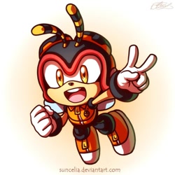 Size: 800x800 | Tagged: safe, artist:suncelia, charmy bee, bee, charmabetes, cute, flying, gradient background, looking at viewer, male, peace sign, solo, v sign