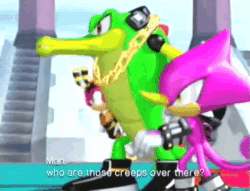 Size: 470x360 | Tagged: safe, charmy bee, espio the chameleon, vector the crocodile, bee, crocodile, sonic heroes, 3d, animated, chameleon, cutscene, dialogue, edit, english text, gif, grand metropolis, subtitles, team chaotix, text, trio