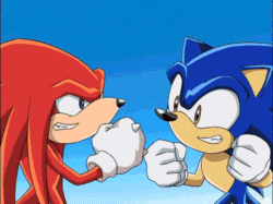 Size: 498x372 | Tagged: safe, knuckles the echidna, sonic the hedgehog, echidna, hedgehog, animated, double thumbs up, duo, edit, gif, high five, male, screencap, sonic x, thumbs up, wink