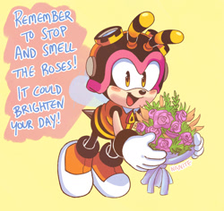 Size: 2007x1891 | Tagged: safe, artist:nanite, charmy bee, bee, bouquet, charmabetes, cute, dialogue, flower, happy, looking at viewer, male, simple background, solo, talking to viewer, yellow background
