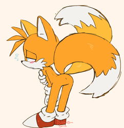Size: 3641x3760 | Tagged: suggestive, artist:bubblegumbomb, miles "tails" prower, bending over, blushing, butt, frown, holding arm, lidded eyes, looking offscreen, raised tail, simple background, solo