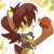 Size: 2048x2048 | Tagged: safe, artist:candleyy, sally acorn, 2025, abstract background, apple, eye clipping through hair, food, fruit, looking at something, mouth open, solo, standing