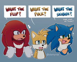 Size: 2500x2019 | Tagged: safe, artist:xdamyrax, knuckles the echidna, miles "tails" prower, sonic the hedgehog, sonic the hedgehog 2 (2022), 2025, bust, clenched fists, dialogue, english text, frown, gradient background, lidded eyes, looking offscreen, meme, mouth open, outline, signature, skibidi toilet, smile, sparkles, speech bubble, team sonic, text, what the skibidi