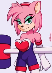 Size: 794x1123 | Tagged: safe, artist:cxanmouse, amy rose, hedgehog, female, grey background, outfit swap, piko piko hammer, rouge's heart top, signature, simple background, smile, solo