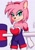 Size: 794x1123 | Tagged: safe, artist:cxanmouse, amy rose, hedgehog, female, grey background, outfit swap, piko piko hammer, rouge's heart top, signature, simple background, smile, solo