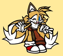 Size: 2048x1845 | Tagged: safe, artist:pinklapony_, miles "tails" prower, 2025, clothes, fangs, gender swap, mouth open, open smile, pants, shirt, simple background, single pantsleg, smile, smiling at viewer, solo, standing, v sign, wink, winking at viewer, yellow background