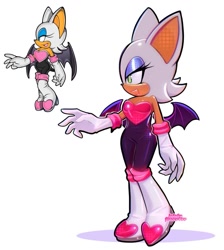 Size: 919x1024 | Tagged: safe, artist:lolaluflores, rouge the bat, 2025, lidded eyes, looking offscreen, one fang, open smile, redraw, reference inset, shadow (lighting), signature, simple background, smile, solo, standing, white background