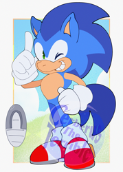 Size: 2671x3740 | Tagged: safe, artist:cerberustheterrible, sonic the hedgehog, 2025, abstract background, flat colors, hand on hip, horse, obtrusive watermark, pointing, smile, smiling at viewer, solo, species swap, standing, watermark, wink, winking at viewer