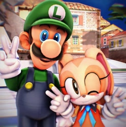 Size: 640x646 | Tagged: artist needed, safe, cream the rabbit, human, rabbit, 3d, best friends, blushing, crossover, delfino plaza, duo, hanging out, looking at viewer, low res, luigi, male, peace sign, posing, selfie, super mario bros., super mario sunshine