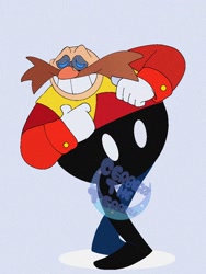 Size: 768x1024 | Tagged: safe, artist:cerberustheterrible, robotnik, human, 2023, classic robotnik, eyes closed, flat colors, grey background, obtrusive watermark, simple background, smile, solo, standing, watermark
