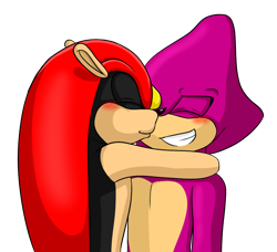 Size: 916x835 | Tagged: safe, artist:fire-for-battle, espio the chameleon, mighty the armadillo, 2017, blushing, duo, eyes closed, gay, hugging, kiss, kiss on cheek, mightio, shipping, simple background, smile, transparent background