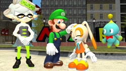 Size: 1920x1080 | Tagged: safe, cheese (chao), cream the rabbit, chao, human, rabbit, 3d, creamabetes, crossover, cute, female, happy, humanoid, inkling, luigi, marie, marie (splatoon), new donk city, petting, splatoon, super mario bros., super mario odyssey