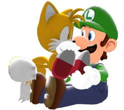 Size: 750x665 | Tagged: safe, artist:icelucario20xx, miles "tails" prower, fox, human, 3d, crossover, cute, duo, hug, hugging, looking at each other, luigi, male, simple background, super mario bros., tailabetes, transparent background