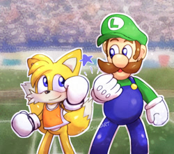 Size: 1051x930 | Tagged: safe, artist:onechanart, miles "tails" prower, fox, human, 2023, abstract background, athletic, crossover, duo, happy, luigi, male, mario & sonic at the olympic games, olympic games, outline, signature, smile, smiling at each other, sports wear, star (symbol)
