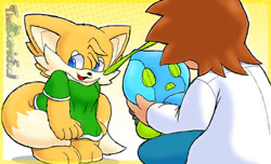Size: 574x348 | Tagged: safe, artist:afrothicc720, chris thorndyke, miles "tails" prower, omochao, chao, fox, human, best friends, clothes, gift, human male, male, robot, sonic x, tailabetes