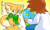 Size: 574x348 | Tagged: safe, artist:afrothicc720, chris thorndyke, miles "tails" prower, omochao, chao, fox, human, best friends, clothes, gift, human male, male, robot, sonic x, tailabetes
