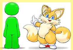 Size: 538x371 | Tagged: safe, artist:afrothicc720, miles "tails" prower, oc, oc:anon, fox, human, arm behind back, chest fluff, duo, fangs, human male, looking at viewer, male, pointing
