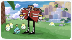 Size: 1334x750 | Tagged: safe, artist:cas van de pol, robotnik, chao, human, sonic adventure 2, chao egg, chao garden, duo, egg, male, palm tree, tree, water, waterfall