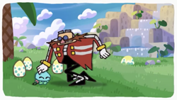 Size: 1334x750 | Tagged: safe, artist:cas van de pol, robotnik, chao, human, sonic adventure 2, chao egg, chao garden, chaobetes, cute, duo, egg, male, palm tree, petting, tree, water, waterfall