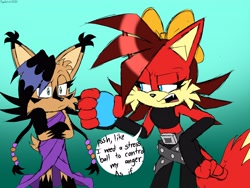 Size: 4000x3000 | Tagged: safe, artist:fartist2020, fiona fox, nicole the hololynx, fox, lynx, dialogue, duo, english text, female, hololynx