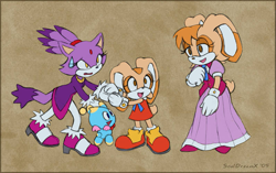 Size: 795x500 | Tagged: safe, artist:souldreamx, blaze the cat, cheese (chao), cream the rabbit, vanilla the rabbit, cat, chao, rabbit, 2005, clothes, female, open mouth, shoes, skirt, sweatdrop
