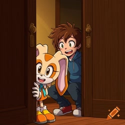 Size: 1024x1024 | Tagged: safe, ai art, artist:mobians.ai, chris thorndyke, cream the rabbit, human, rabbit, clothes, creamabetes, cute, door, female, happy, hiding, looking at viewer, male