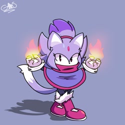 Size: 2048x2048 | Tagged: safe, artist:ghoulstar69, blaze the cat, cat, 2025, alternate outfit, boots, female, fire, flame, looking at viewer, poncho, purple background, shadow (lighting), signature, simple background, solo, solo female, standing