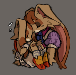 Size: 438x432 | Tagged: safe, artist:eighttalestale, cream the rabbit, vanilla the rabbit, rabbit, 2025, carrying them, cute, duo, duo female, eyes closed, female, females only, grey background, mother and child, mother and daughter, simple background, sleeping, zzz