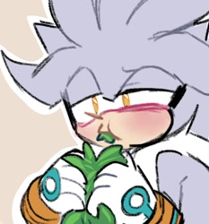 Size: 567x608 | Tagged: safe, artist:silverboyamoss, silver the hedgehog, hedgehog, 2025, beige background, blushing, chewing, eating, holding something, lidded eyes, looking offscreen, male, moss, outline, simple background, solo, solo male