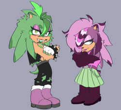 Size: 883x800 | Tagged: safe, artist:edwardnebula, sonia the hedgehog, hedgehog, 2024, arm fluff, arms folded, beanbrows, belt, boots, brother and sister, chain, clothes, duo, ear fluff, ear piercing, earring, eyelashes, female, femboy, fingerless gloves, flat colors, fur markings, gloves, hair over one eye, lidded eyes, long gloves, looking at viewer, looking offscreen, male, manic the hedgehog, pants, redesign, siblings, skirt, smile, smiling at viewer, socks, spiked bracelet, standing, tail fluff, tank top, torn pants