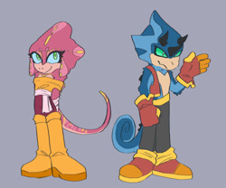 Size: 956x794 | Tagged: safe, artist:edwardnebula, 2024, arm fluff, blue sclera, boots, chameleon, clenched fist, clothes, duo, eyelashes, female, fur markings, gloves, green sclera, hands behind back, heart chest, liza the chameleon, looking at viewer, looking offscreen, male, pants, redesign, shoes, shoulder fluff, simple background, smile, smiling at viewer, socks, standing, valdez the chameleon