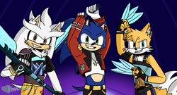 Size: 2546x1376 | Tagged: safe, artist:emeraldechoesx, miles "tails" prower, silver the hedgehog, sonic the hedgehog, 2025, abstract background, clenched teeth, clothes, cosplay, crossover, crossover cosplay, holding something, huntr/x, k-pop demon hunters, looking at viewer, male, males only, midriff, mira (k-pop demon hunters), rumi (k-pop demon hunters), signature, smile, smiling at viewer, standing, trio, trio male, weapon, zoey (k-pop demon hunters)