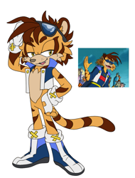 Size: 731x960 | Tagged: safe, artist:cyclone62, sonic underground, 2023, boots, clothes, ear fluff, eyewear on head, fingerless gloves, flat colors, fur markings, gilet, gloves, goggles, goggles on head, hair, hand on hip, lidded eyes, male, mouth open, one fang, open smile, redesign, reference inset, simple background, smile, smiling at viewer, socks, solo, solo male, standing, stripes the tiger, tiger, white background