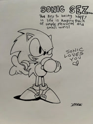 Size: 750x993 | Tagged: safe, artist:bonk, sonic the hedgehog, hedgehog, adventures of sonic the hedgehog, classic sonic, confident, dialogue, heart, male, motivation, solo, sonic says, talking, talking to viewer, traditional media