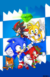 Size: 827x1279 | Tagged: safe, artist:nonicpower, knuckles the echidna, miles "tails" prower, shadow the hedgehog, sonic the hedgehog, oc, echidna, fox, hedgehog, group, hat, male, unknown species, unnamed oc