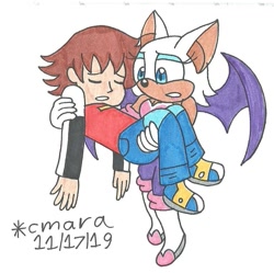 Size: 915x910 | Tagged: safe, artist:cmara, chris thorndyke, rouge the bat, bat, human, chrislove, concerned, duo, female, flying, male, rescue, sonic x, worried