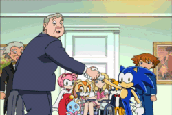 Size: 498x334 | Tagged: safe, amy rose, cheese (chao), chris thorndyke, cream the rabbit, miles "tails" prower, sonic the hedgehog, fox, hedgehog, human, rabbit, chuck thorndyke, everyone is here, female, handshake, helen, holding hands, male, screencap, sonic x