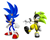 Size: 640x515 | Tagged: safe, editor:famoussector3609, sonic the hedgehog, surge the tenrec, hedgehog, tenrec, 2025, 3d, alternate hairstyle, clenched teeth, devil horns (gesture), duo, edit, hair up, looking at viewer, simple background, species swap, standing, treads, white background