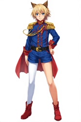 Size: 512x768 | Tagged: safe, ai art, oc, oc:sinclair d'coolette, human, asymmetrical clothes, asymmetrical legwear, blue eyes, boots, humanized, jacket, male, shorts, single leg pantyhose, yellow hair