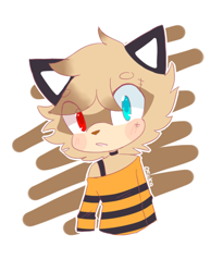 Size: 490x597 | Tagged: safe, artist:raii-ka, oc, oc:sora, 2019, abstract background, beanbrows, blushing, clothes, eye clipping through hair, eyebrow clipping through hair, flat colors, fur markings, heterochromia, mouth open, oc only, outline, shirt, signature, solo