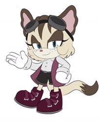Size: 1666x2048 | Tagged: safe, artist:itsunflowey, oc, oc:elsie the sugar glider, 2022, clothes, eyewear on head, flat colors, freckles, goggles, goggles on head, lidded eyes, looking at viewer, oc only, pink nose, simple background, smile, smiling at viewer, solo, standing, sugar glider, white background