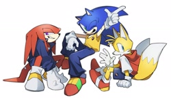 Size: 2048x1232 | Tagged: safe, artist:omiso_05_, knuckles the echidna, miles "tails" prower, sonic the hedgehog, echidna, fox, hedgehog, 2025, alternate outfit, clothes, looking at viewer, male, sitting, smile, team sonic, trio, yellow shoes