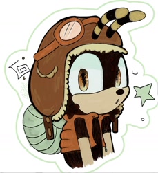 Size: 1306x1426 | Tagged: safe, artist:sle1epysilly, charmy bee, 2025, alternate outfit, clothes, gilet, goggles, looking at viewer, mouth open, outline, pilot hat, simple background, solo, spiral, star (symbol), white background