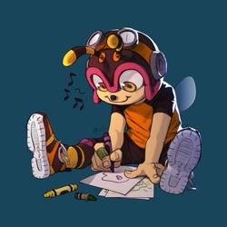 Size: 1111x1111 | Tagged: safe, artist:crcbun, charmy bee, 2025, alternate outfit, blue background, clothes, crayon, drawing, looking at something, musical note, paper, shirt, shoelaces, shorts, simple background, sitting, smile, solo, treads